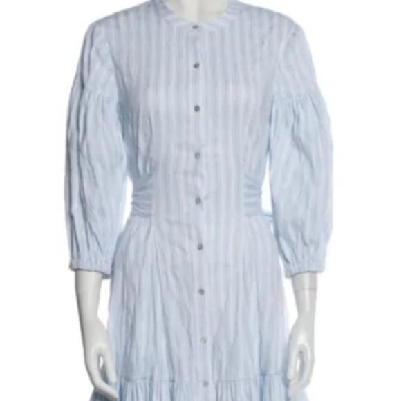 Cinq A Sept- XS- Crinkle Lt. Blue Striped Puff Sleeve/Ruffle Bottom Shirtdress - Picture 1 of 4